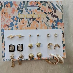 bebe Womens Gold Tone Black White Studs Hoops Pierced Earrings Stars Bolts Chain